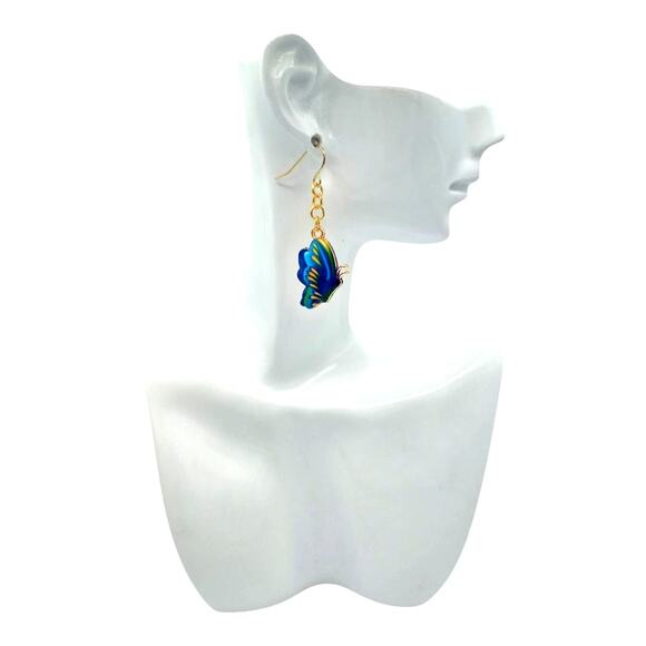 Blue Green Yellow Butterfly Earrings Colorful Jewelry Gift for Her - Picture 3 of 3
